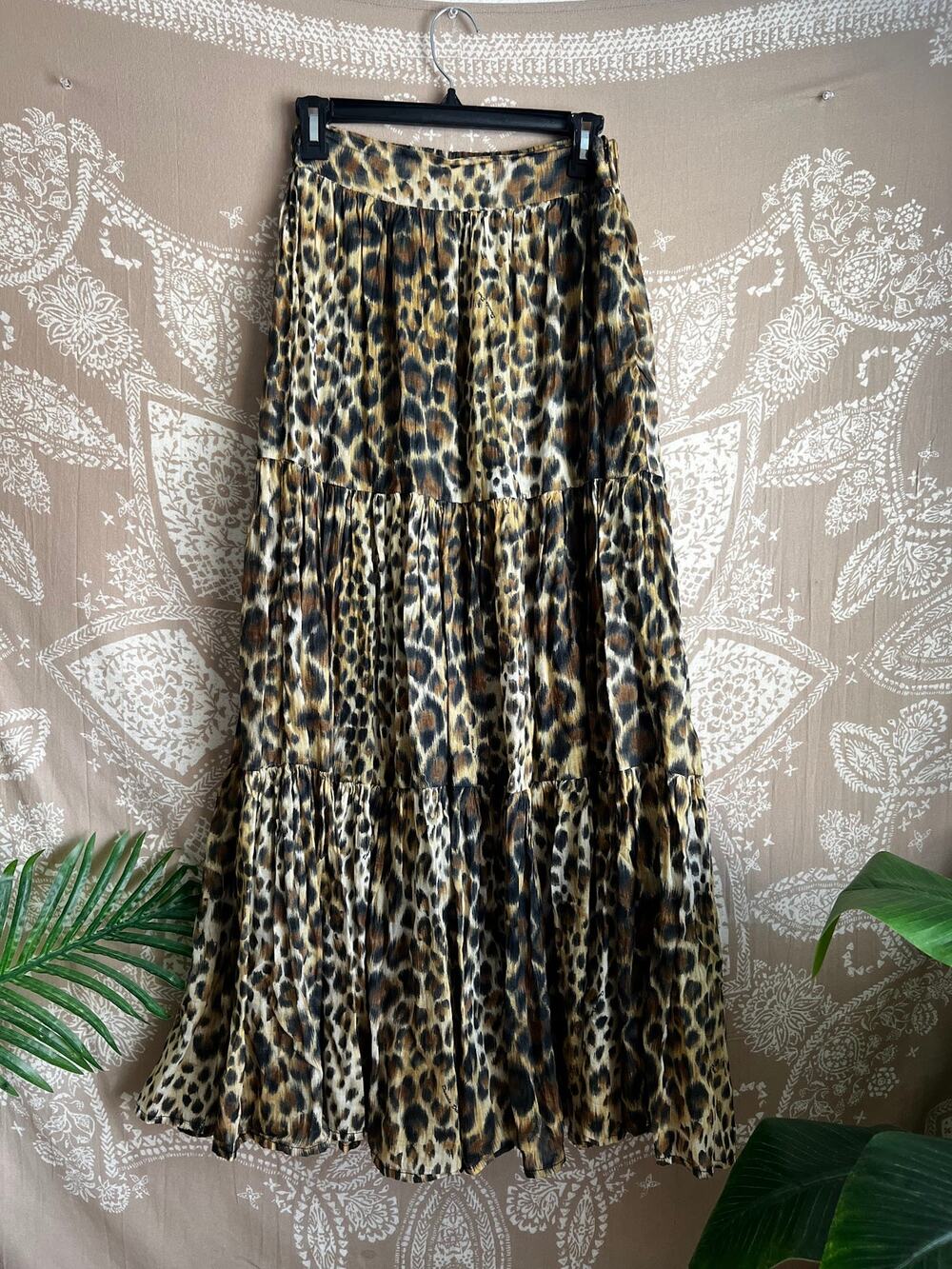 Daniela Drei Leopard Print Tiered Chiffon Maxi Skirt Size 40 EU